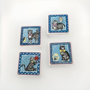 Vtg Lanka Wall Tile Coasters Set Of Four Cute Grandmacore Crazy Cat Lady Kitty